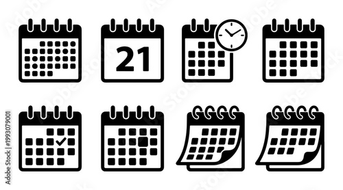 Minimalist calendar icon set with 8 black vector symbols, schedule and appointment planning elements, time management and date reminder graphics