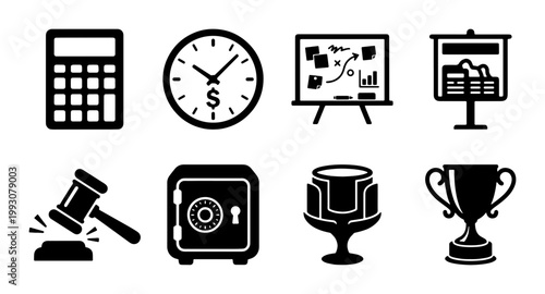 Business and finance icon set, 8 black vector symbols for corporate strategy and accounting, professional office management and legal icons