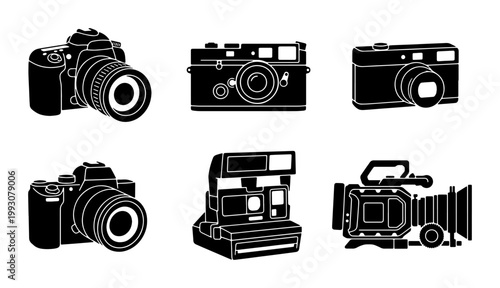 Vintage and modern camera silhouettes, set of 6 photography equipment icons, black and white digital SLR and film camera vector illustrations