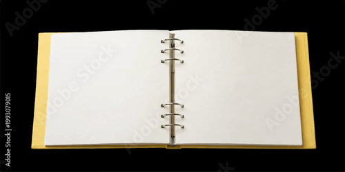 An open old book with blank paper pages rests near a spiral notebook and a business organizer, creating an empty document space for a written memo or education note