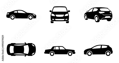Minimalist car icons set, black silhouette vehicle vector collection, automotive transportation symbols in side front and top view for web design