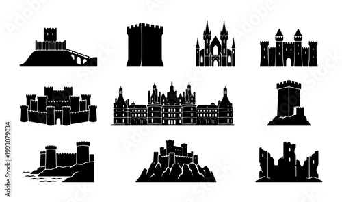 Medieval castle silhouette icons, 10 historical fortress and palace vector elements, black stone citadel and royal mansion shapes for maps