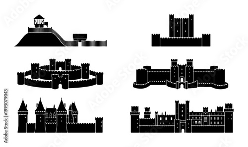 Medieval castle silhouettes set, 6 historical fortress vector icons, ancient stone citadel and palace architecture, black royal kingdom landmarks
