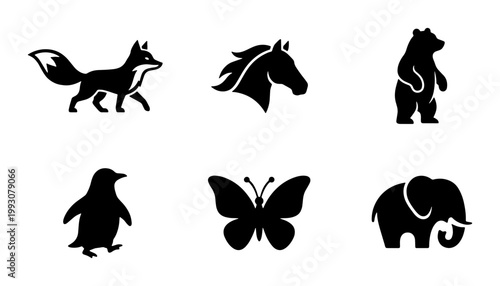 Obraz na płótnie Minimalist animal silhouette icons, set of 6 black wildlife vector symbols, mode