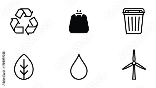 Eco-Friendly Icon Set: A collection of minimalist, clean icons representing crucial elements of environmental sustainability and responsible practices. A visual vocabulary for a greener tomorrow.