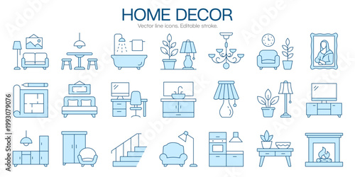 Home decor thin line icons, such as furniture, lighting, plants, bathroom and living room elements and more. Editable stroke vector illustrations.