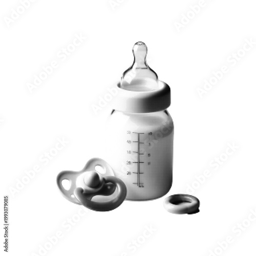 Halftone monochrome illustration of a baby feeding bottle with pacifier and ring, retro dotted engraving style, isolated on white background.