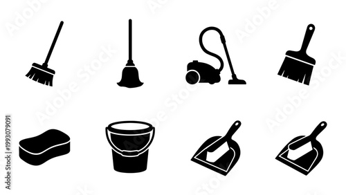 Cleaning service icons set, professional housekeeping equipment vector silhouettes, black household chore tools including vacuum and broom