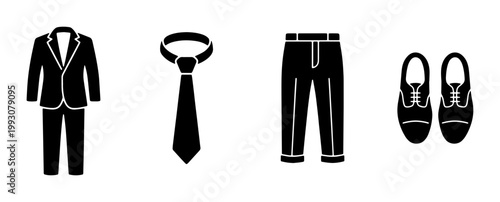 Formal business suit icons set, black silhouette men's fashion apparel, professional dress code symbols, elegant tuxedo and necktie vector elements