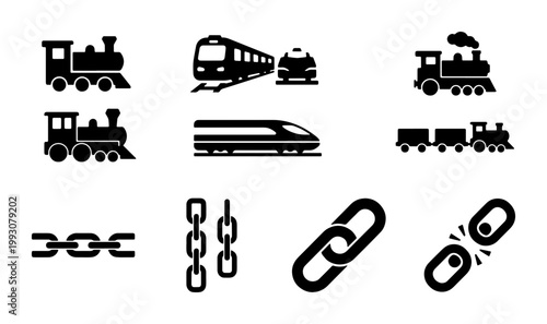 Black train icons and metal chain link symbols set, vintage steam locomotive and modern high speed railway vector, industrial connection and broken link graphics