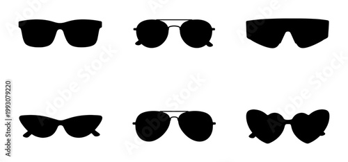Black sunglasses silhouette set, 6 modern eyewear icons, stylish sun glasses collection including aviator and heart shapes, fashion vector elements