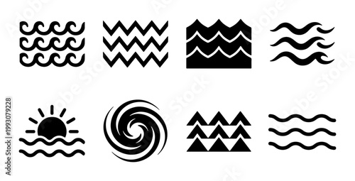 Minimalist ocean wave icons set, black sea water ripple symbols, 8 linear nautical vector elements, geometric marine surf and sunset signs
