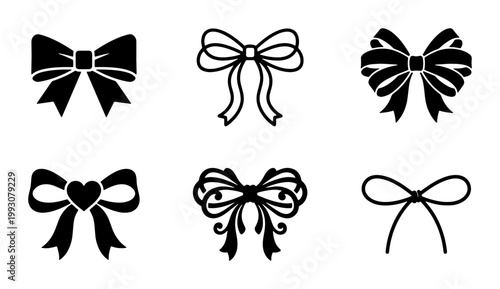 Fotografía Black ribbon bow icons set, 6 decorative gift bow vector illustrations, elegant