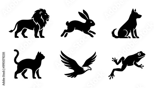 Minimalist animal silhouettes vector set, black wildlife icons collection, 6 animal logo symbols including lion, rabbit, dog, cat, eagle, and frog