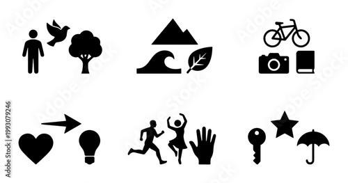 Minimalist lifestyle icon set, black silhouette outdoor and hobby symbols, nature and activity vector elements for web design and infographics