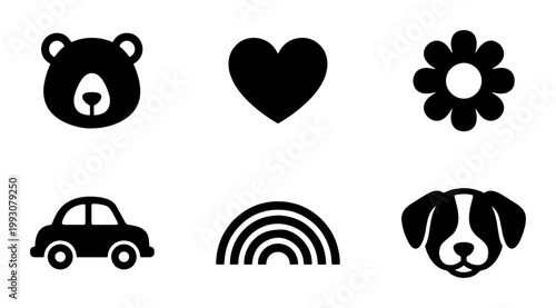 Minimalist black baby icons set, cute nursery vector symbols including bear and dog, simple childhood graphic elements for kids branding