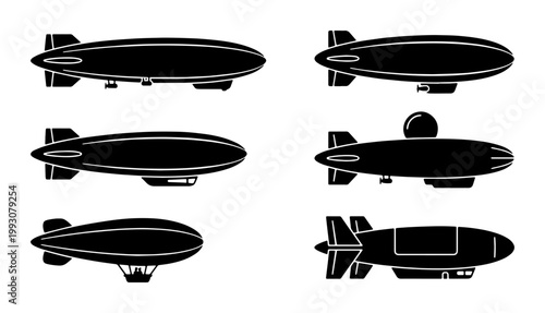 Vintage airship silhouette collection, set of 6 dirigible and zeppelin vector icons, retro steampunk flying transport graphics for logo design