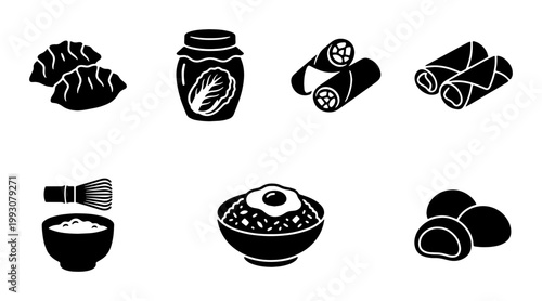 Asian food icon set, black silhouette vector illustrations of kimchi, gyoza dumplings, spring rolls and bibimbap, traditional oriental cuisine symbols