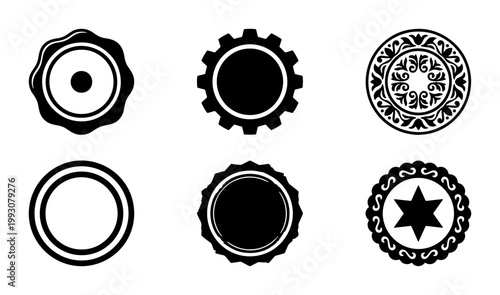 Vintage seal stamps and circular badge icons set, black wax seal silhouettes, 6 decorative round emblem vectors for branding and certificates