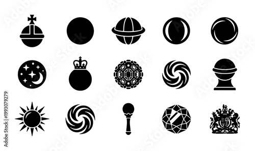Regal heraldic symbols and celestial icons set, 15 black vector silhouettes of crowns, globes, sun and moon, royal emblem collection for branding