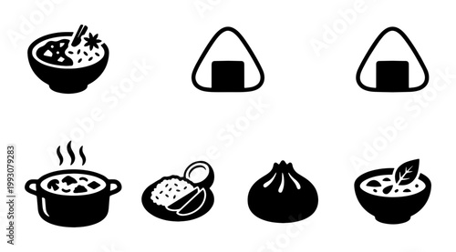Asian food icons set, black minimalist silhouettes of rice bowl, onigiri, dumpling and soup, Japanese and Chinese cuisine vector elements for menu design
