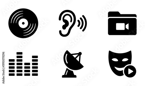 Multimedia and entertainment icon set, black solid vector symbols for audio and video, collection of 6 digital media interface elements