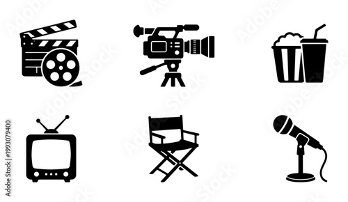 Cinema and movie production icons set, black film industry symbols, 6 vector media silhouettes
