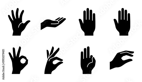 Minimalist hand gestures icon set, black silhouette human hands collection, 8 vector hand signs for communication and interface design