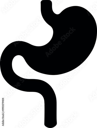 Simple black silhouette of a human stomach with visible internal structure and some spots