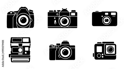 Vintage and modern camera icons set, black silhouette photography equipment collection, 6 professional digital and analog camera vector illustrations