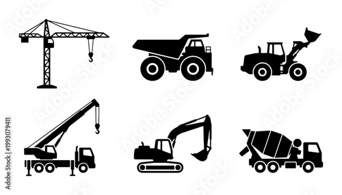 Heavy construction machinery icons set, black silhouettes of industrial vehicles and cranes, 6 vector elements for building site logistics