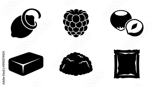 Minimalist food ingredient icons set, black solid vector fruit and nut symbols, flat graphic collection of lemon raspberry hazelnut butter and cocoa