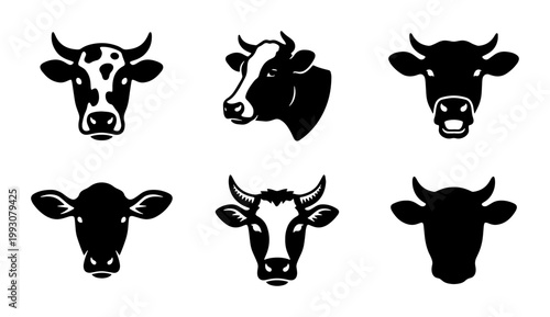 Minimalist cow head vector icons, black and white cattle face silhouettes, set of 6 farm animal portraits for dairy and meat branding