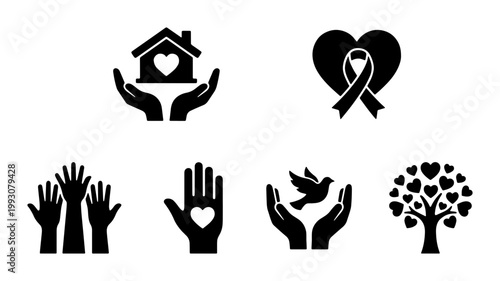 Charity and nonprofit icon set, black silhouette volunteer symbols for community support, 6 donation and kindness vector elements for social work