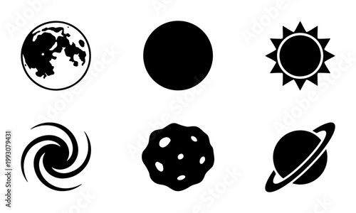 Minimalist space icons set, black celestial bodies vector collection, 6 astronomy symbols including sun moon and saturn planet for web design