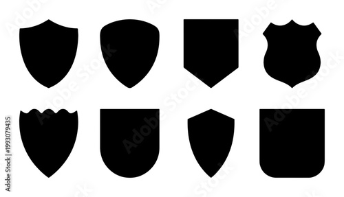 Shield silhouette icons set of 8 vector elements, heraldic protection symbols, black security badge shapes for logo design and branding