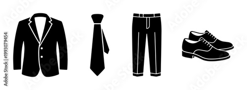 Formal business suit icons set, black men's professional attire vector, elegant tuxedo jacket with necktie and trousers, classic leather dress shoes