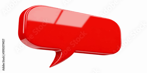 A 3d glossy red speech bubble chat icon design element featuring a blank message balloon for internet communication and forum discussion