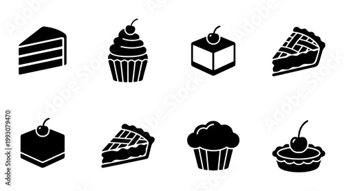 Bakery dessert icon set, black silhouette cake and cupcake vector elements, sweet pastry and pie symbols, 8 food graphics for cafe menu design