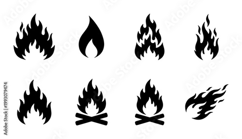 Black fire flame silhouette icons, 8 campfire vector elements, minimalist bonfire logo set