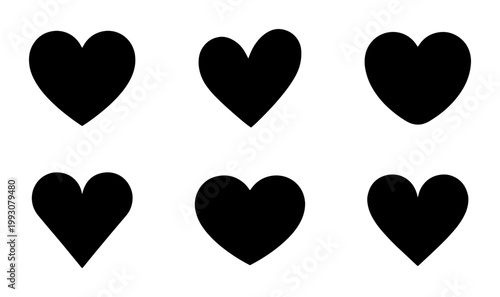 Black heart silhouette icons set, 6 romantic vector elements, minimalist love symbols for design