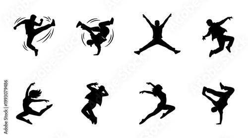Dynamic breakdance silhouettes set, 8 urban street dancers in action poses, black hip hop dancer vector icons for music and youth culture design