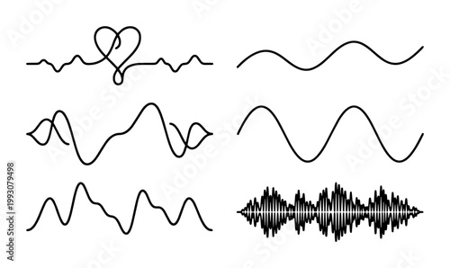 Minimalist sound wave vector set, black heartbeat line with heart shape, audio frequency signal icons, pulse and vibration waveforms