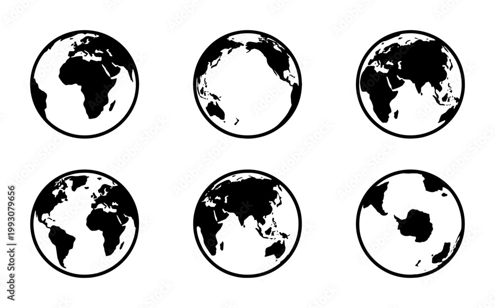 Obraz premium Minimalist world globe icons set, black earth planet vector maps, global geography symbol collection