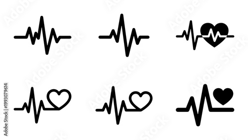 Medical heartbeat line icons, set of 6 black heart rate pulse vector symbols, EKG and ECG cardiogram waves for healthcare and fitness apps
