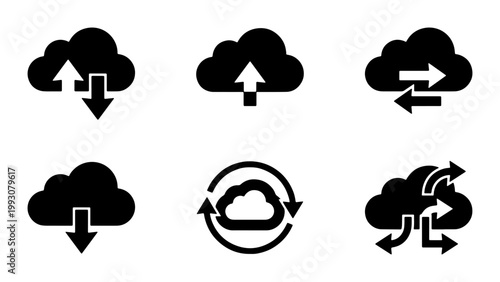 Cloud computing icon set with arrows, black silhouette data storage symbols, 6 vector elements for upload and download, network sync graphics