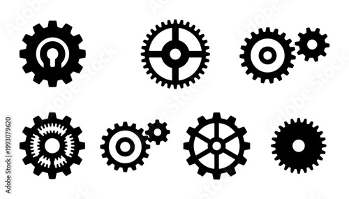 Industrial gear icons set, black mechanical cogwheel silhouettes, 7 vector engine parts for engineering and technology concepts