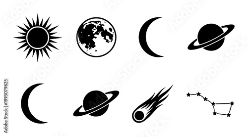 Celestial space icons set, black minimalist astronomy symbols, 8 vector elements featuring sun moon planets and stars for logos and web design