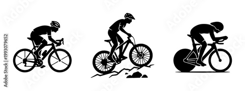 Cycling silhouette vector set, professional road cyclist and mountain biker icons, black bicycle racing athlete graphics for sports design