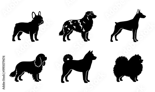 Minimalist dog breed silhouettes, set of 6 canine vector icons, black pet profile illustrations including French Bulldog, Doberman, and Pomeranian